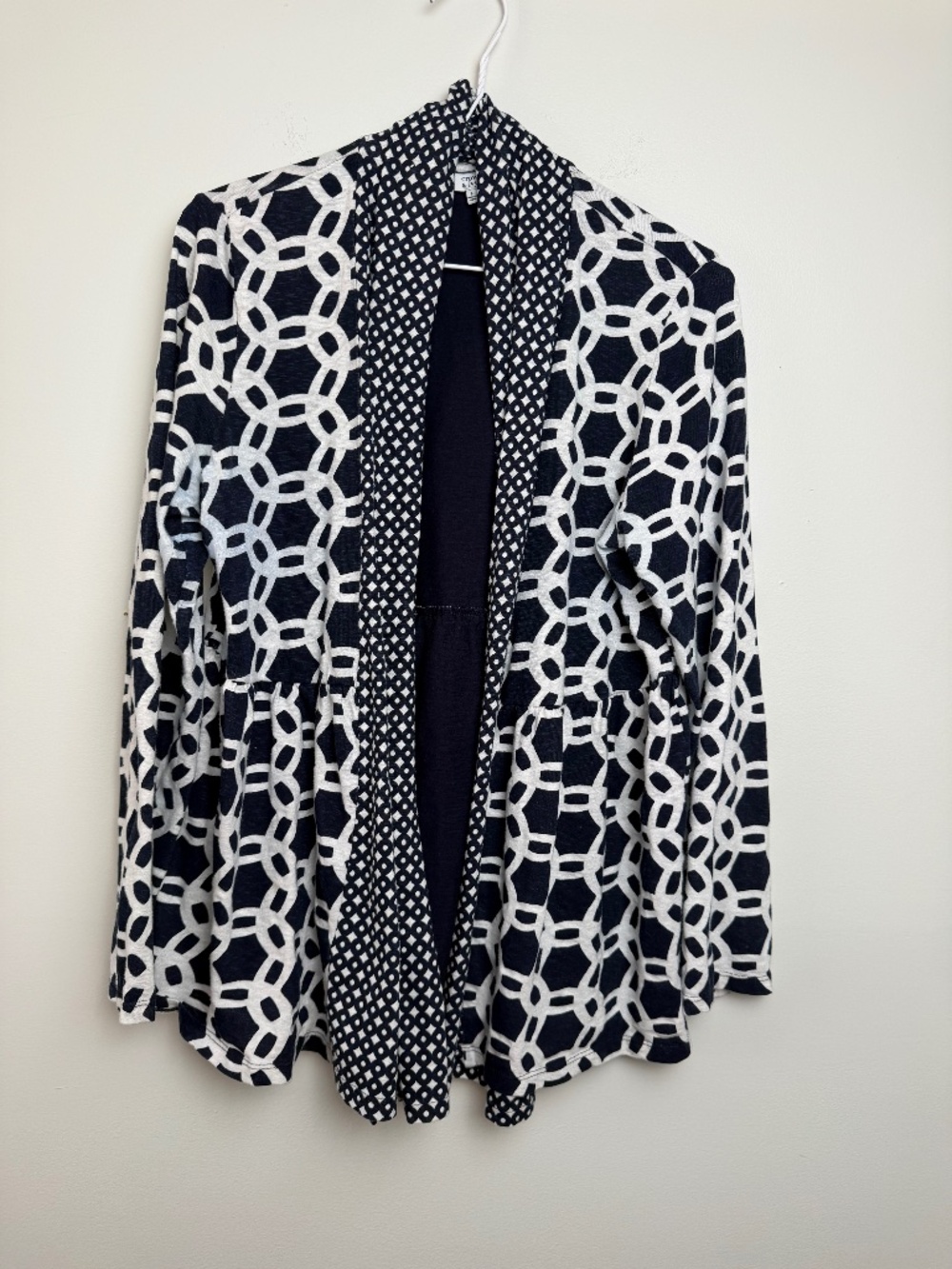 Crown & Ivy Navy White Geometric Open Front Cardigan Shrug Sweater L